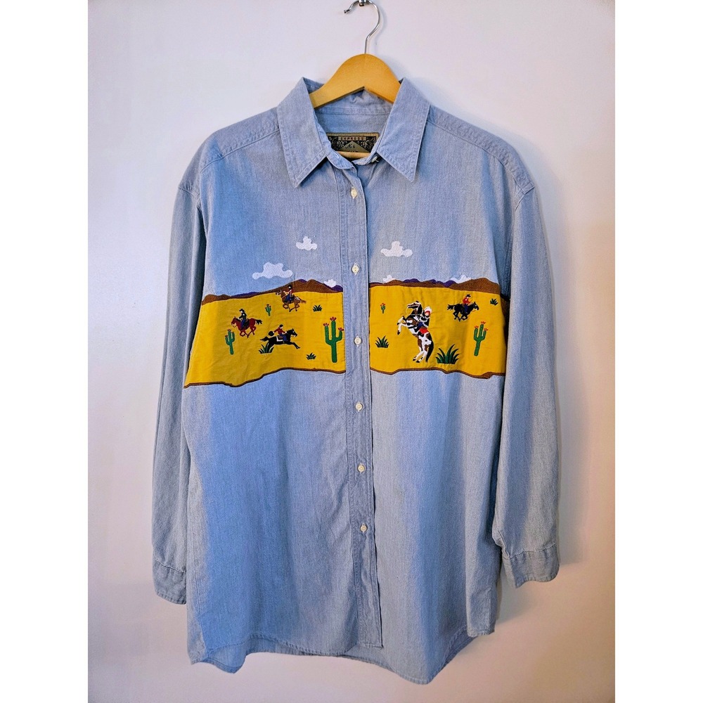 Express Vintage Western Denim Shirt Womens M Blue Embroidered Horse Desert Good